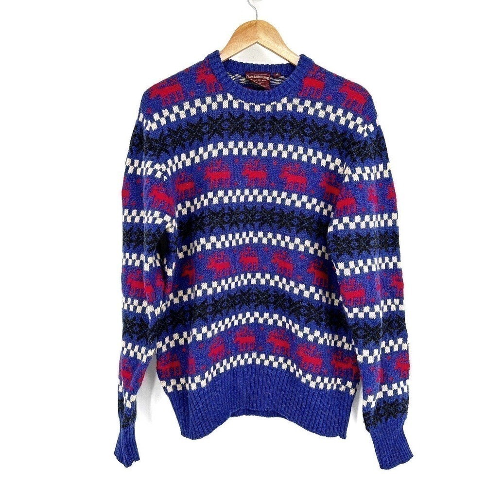 Ralph Lauren Vintage Shetland Wool Moose Christmas Holiday Sweater Mens XL Red